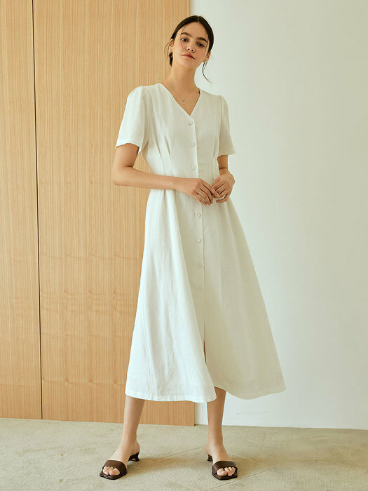 pintuck button linen long dress(white)