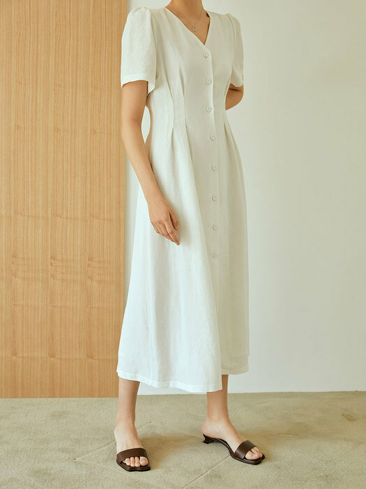 pintuck button linen long dress(white)