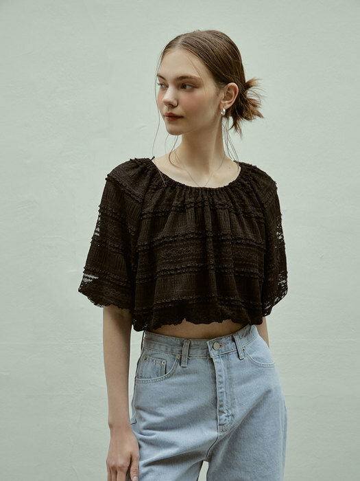 lace shirring crop blouse(black)