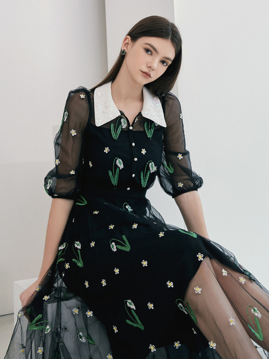 MARINE / See-through Flower Spangle Chiffon Long Dress(black)