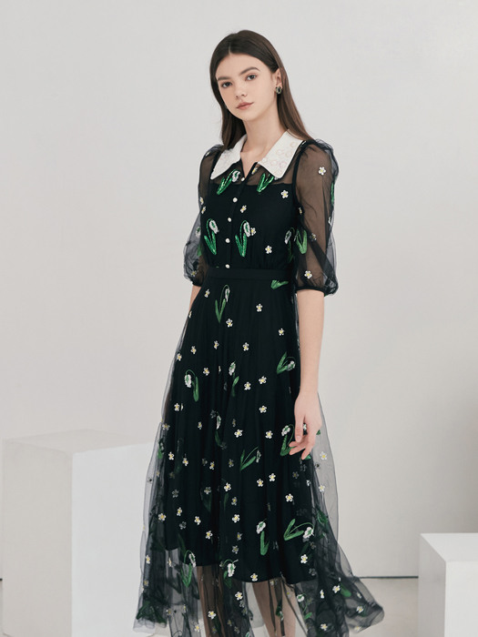 MARINE / See-through Flower Spangle Chiffon Long Dress(black)