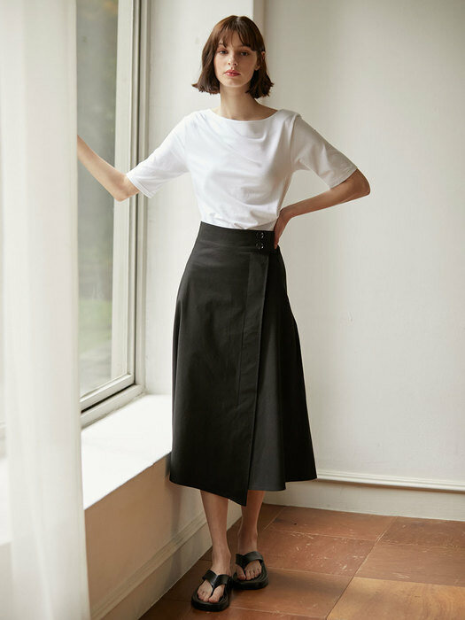 Linen Button Flare Skirt - Black