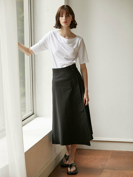 Linen Button Flare Skirt - Black