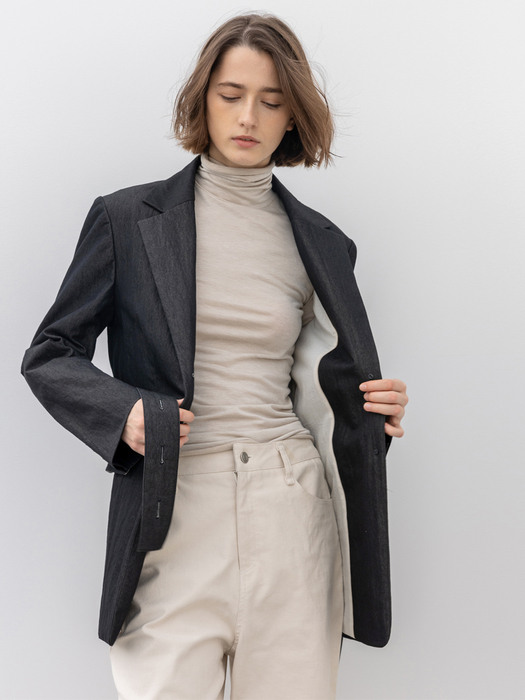 Cotton Blended Belted Jacket-Denim Charcoal