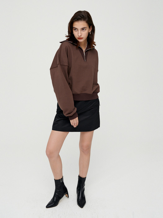 High Neck Zip Up Sweatshirts Brown