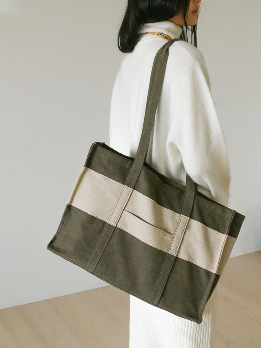 Line Patchwork Shopper Bag - Khaki
