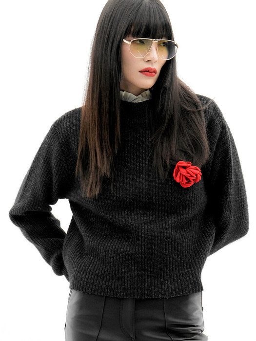 High-Neck Angora-Wool Cropped Sweater[Black(UNISEX)]_UTW-FC22