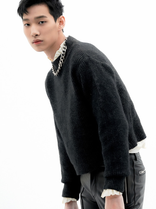 High-Neck Angora-Wool Cropped Sweater[Black(UNISEX)]_UTW-FC22