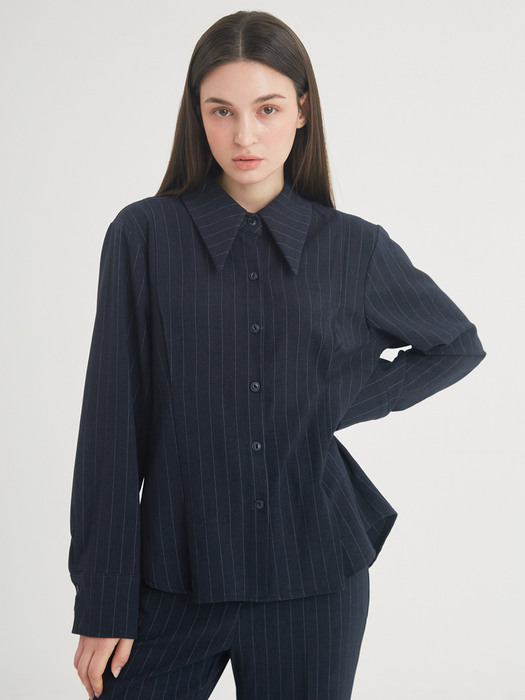 Wool Stripe Pintuck Shirt  (Navy)