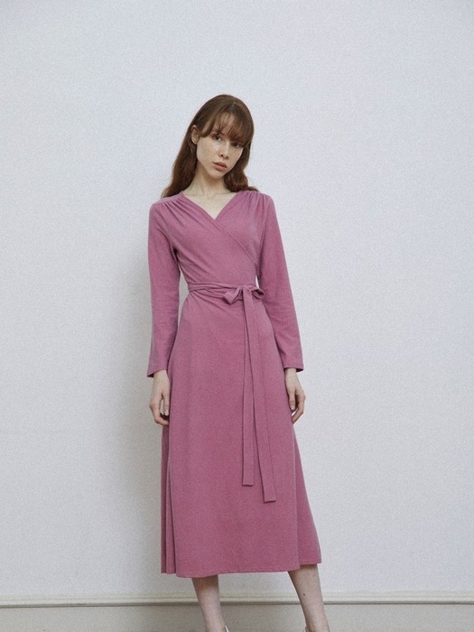 지속가능한 랩원피스 - 저지 핑크 스트라이프 롱 맥시 드레스