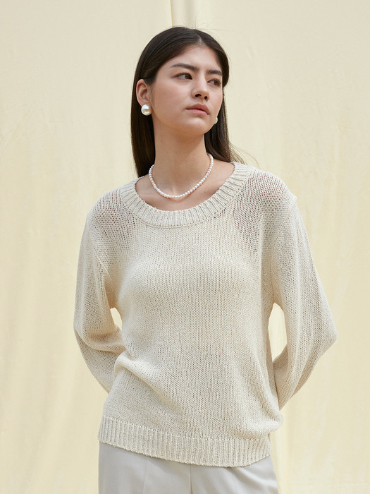 OU865 linen U neck boucle knit (cream beige)