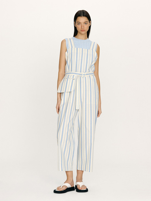 POIPU Pocket belted overall jumpsuit (Blue stripe/Cream)