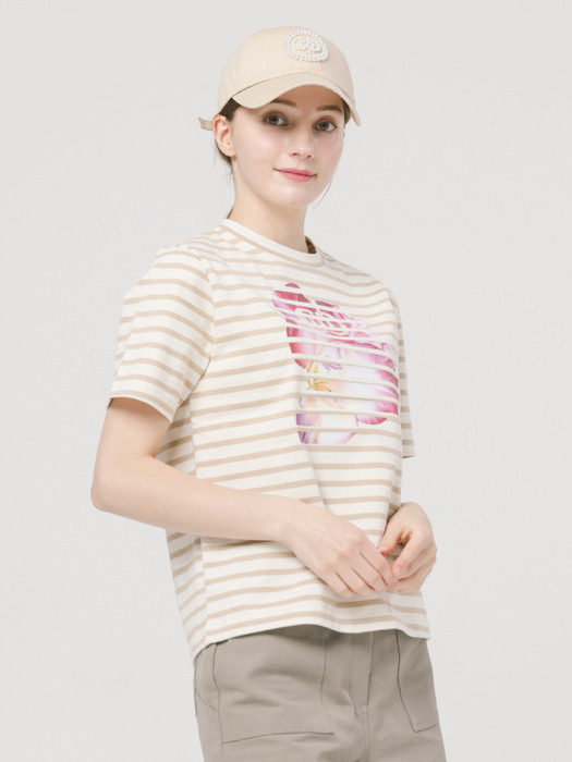 골프 마린 스트라이프 루즈핏 베이지 반팔 티셔츠