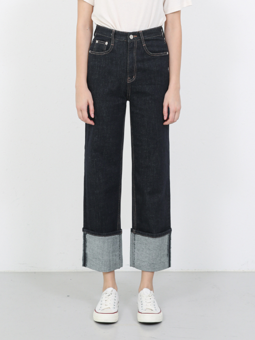 [이염 없는 생지] W76 ROLL-UP WIDE DENIM PANTS_DEEP BLUE