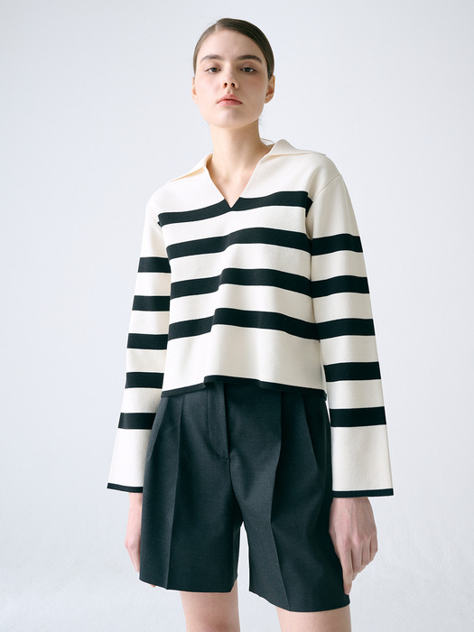 [KNIT] Open Collar Stripe Pullover