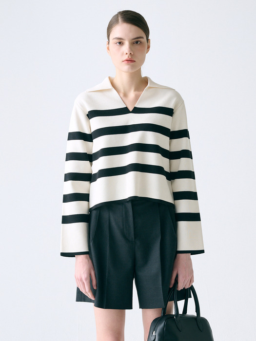 [KNIT] Open Collar Stripe Pullover