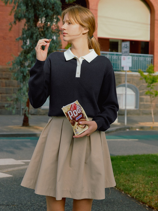FRIULI Stitch point tucked skirt (Beige/Black/Navy)