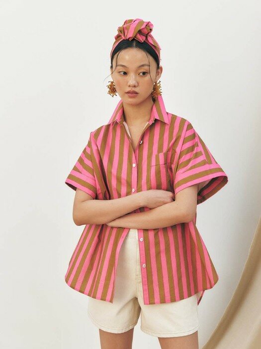Oversized Rolled Up Half-Sleeved Shirt, Pink Brown