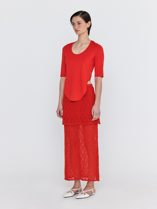 WIONY Diamond-Lace Layered Knit Skirt - Red
