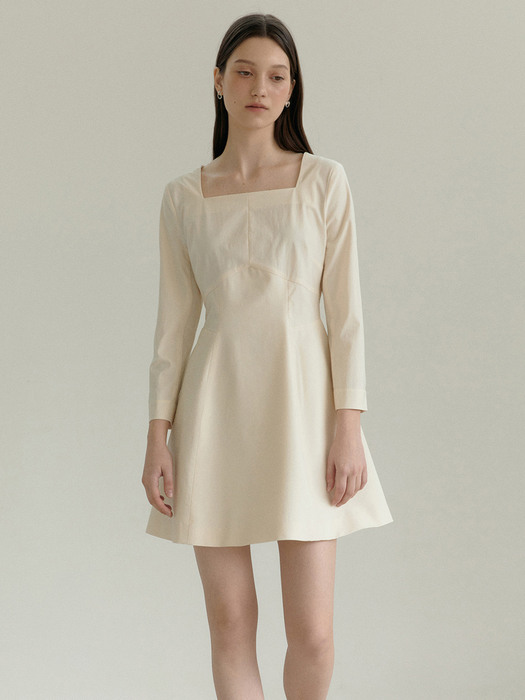 REGINA Square Neck Fit&A Line Mini Dress_Cream Beige