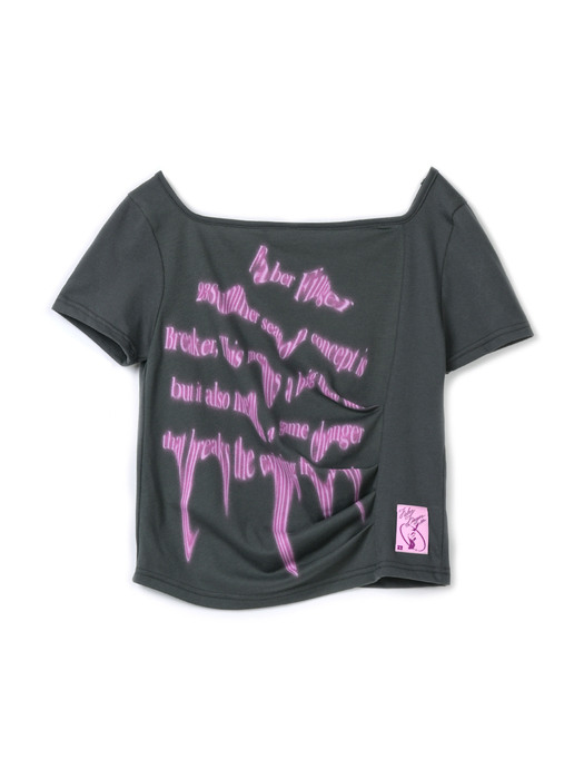 Wave Print Shirring T-Shirt (Charcoal)