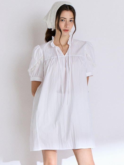 LACE FRILL NECK DRESS_WHITE