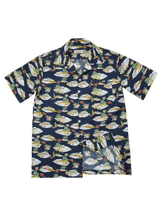 Cotton Seersucker Hawaiian Shirts (Navy)