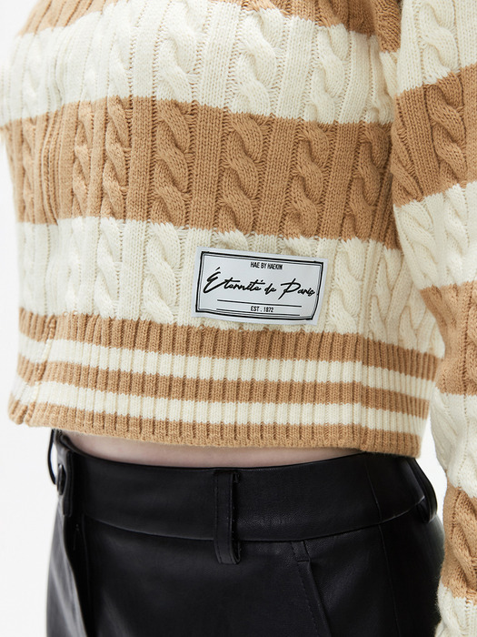 STRIPE CABLE ZIP-UP KNIT_BEIGE