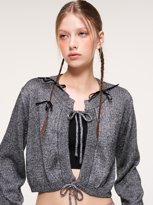 String Detail Knit Cardigan, Black