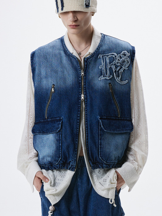 WASHING DENIM ZIPUP VEST - DENIM