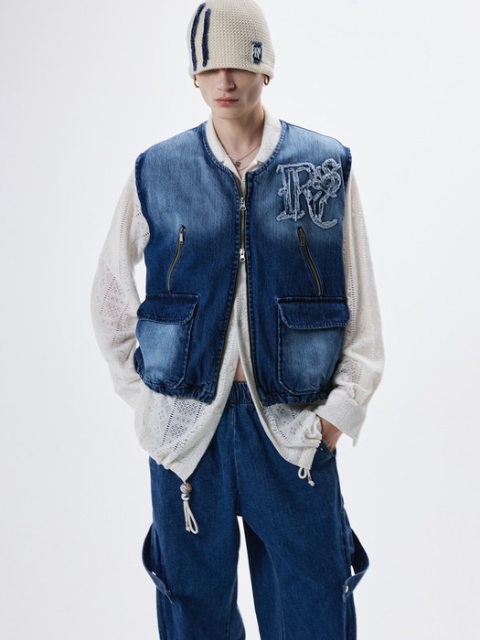 WASHING DENIM ZIPUP VEST - DENIM