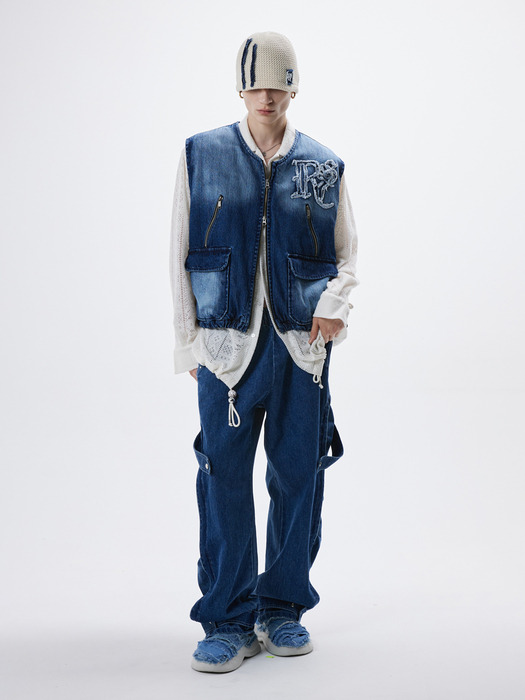 WASHING DENIM ZIPUP VEST - DENIM