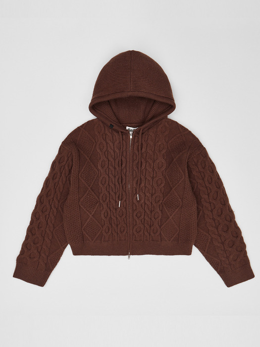 Daily Cable Knit Hoodie Zip-up Brown
