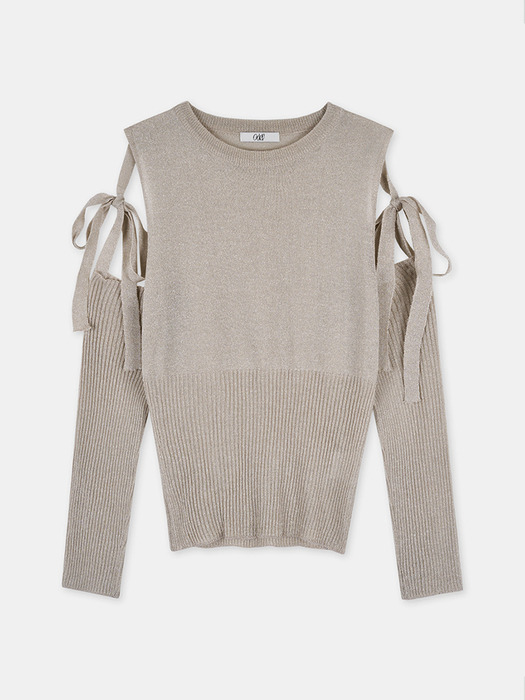 metal ribbon warmer pullover-beige silver