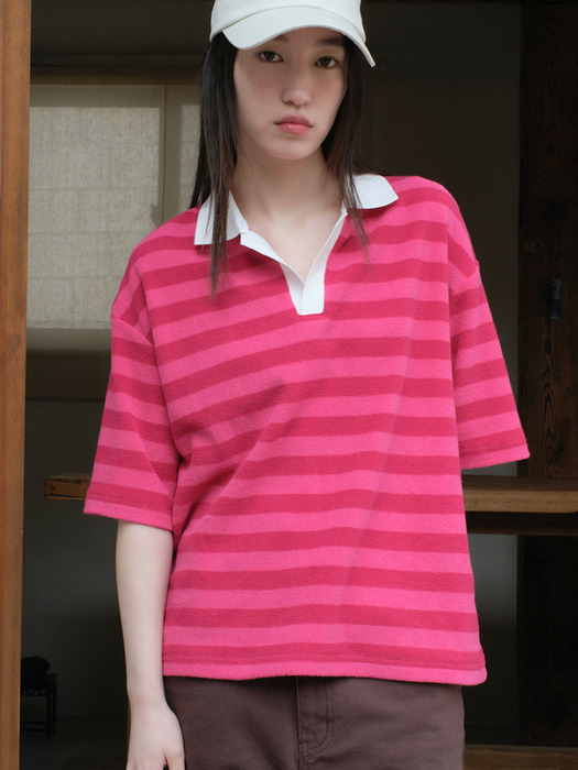 Striped Terry Polo Shirt, pink