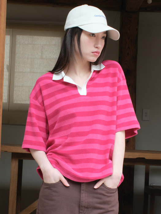 Striped Terry Polo Shirt, pink