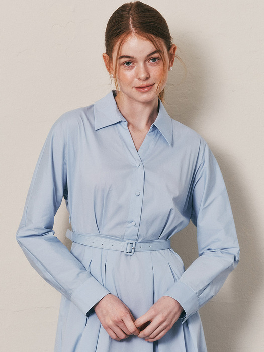 WD_V-neck belted shirt dress_BLUE