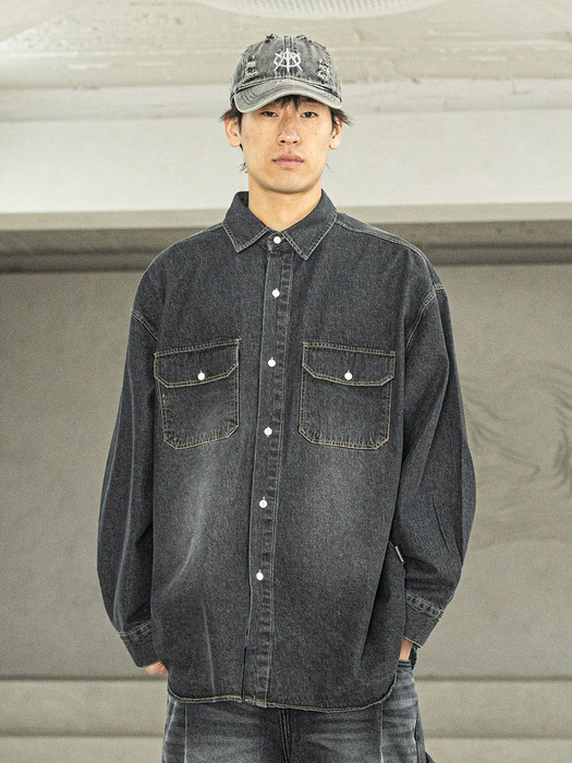 RELAX WASHED DENIM POCKET LONG SHIRTS MSFST001-BK