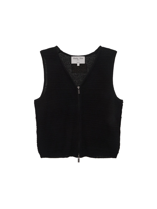 STRIPE TEXTURE KNIT ZIP UP VEST IN BLACK