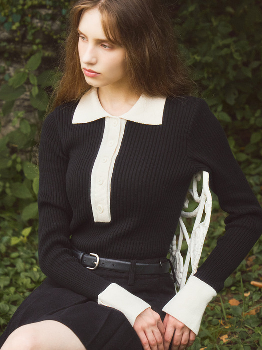 COLOR BLOCK LONG SLEEVED POLO KNIT_BLACK