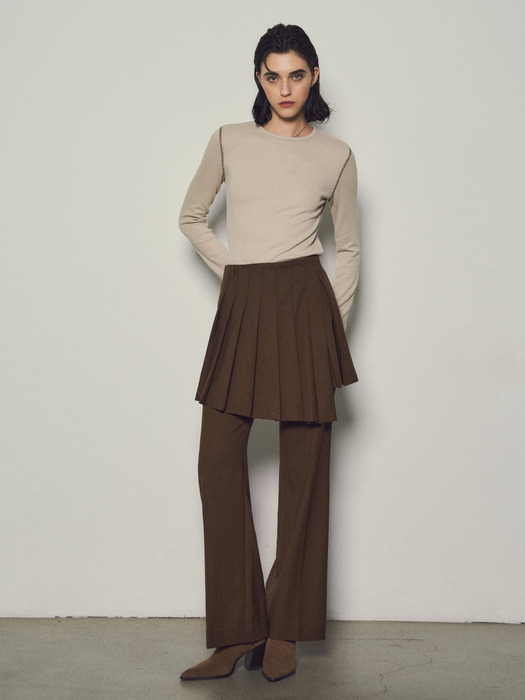 Wool Blend Layered Pleats Wrap Skirt_CTS610(Brown)