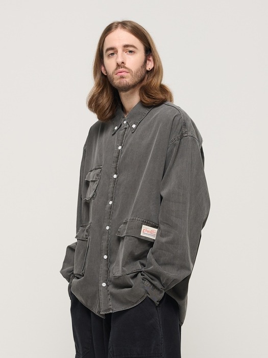 PIGMENT WASHED MULTI-POCKET WORK SHIRT (CHARCHOL)