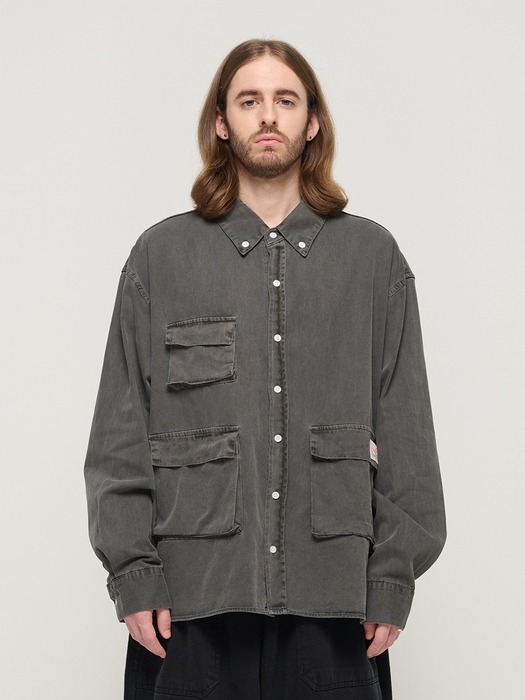 PIGMENT WASHED MULTI-POCKET WORK SHIRT (CHARCHOL)