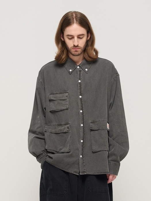 PIGMENT WASHED MULTI-POCKET WORK SHIRT (CHARCHOL)