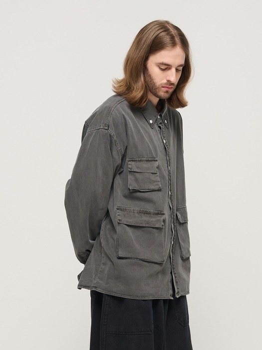 PIGMENT WASHED MULTI-POCKET WORK SHIRT (CHARCHOL)