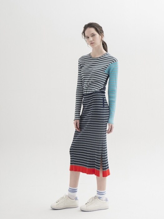 Multicolor Stripes Ribbed Knit Skirt - DARK NAVY