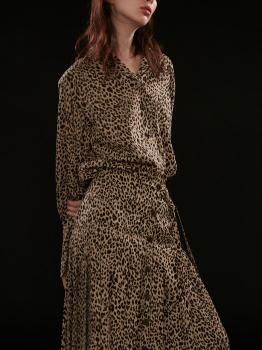 Skirt Leopard Stitch Long Pleats Brown