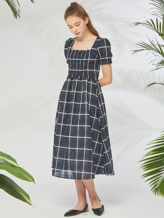 NAVY CHECK SQUARE NECK LONG OPS