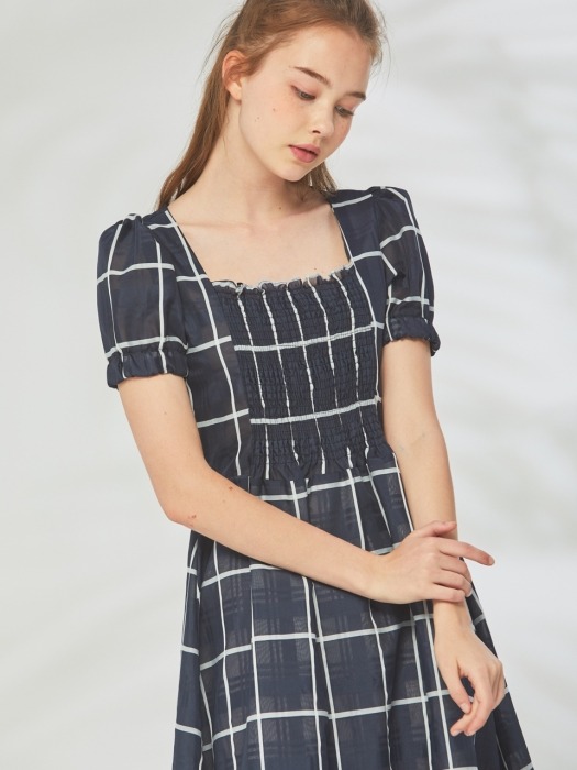 NAVY CHECK SQUARE NECK LONG OPS