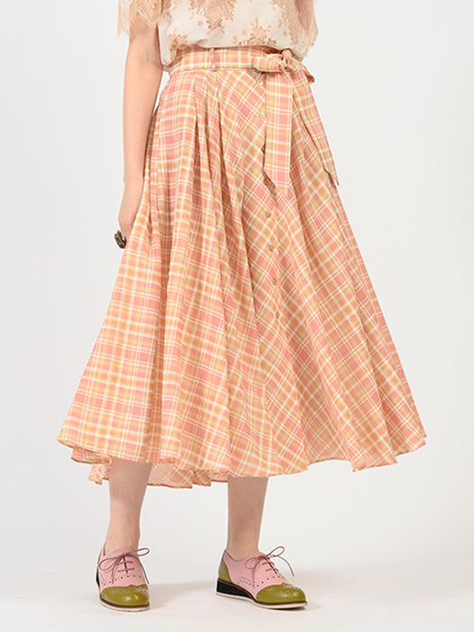 pink katiacho CHECK BUTTON FULL SKIRT CORAL PINK